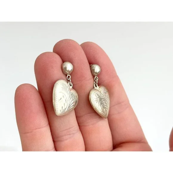 Heart Shaped Hand Carved Vintage Sterling Silver 925 Dangling Earrings - Picture 9 of 12